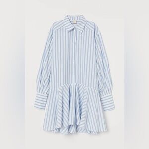 H&M mini dress long sleeve striped button down collar cotton peplum drop hem